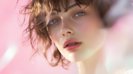 Fototapeta premium Dreamy Gaze: Close-up portrait of a young woman with tousled brown hair and captivating grey eyes, set against a soft pink backdrop with a dreamy, ethereal light effect. 