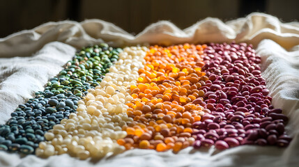 Fototapeta premium A colorful display of dried beans arranged in rows across a white linen cloth, with natural light highlighting their smooth textures.