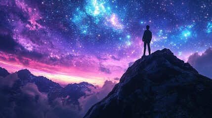 Fototapeta premium Exploring cosmic wonders a person standing on a mountain under a starry sky nature scenic view dreamlike atmosphere