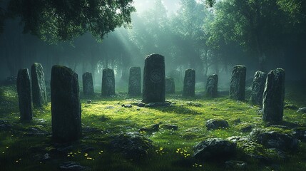 Mysterious stone circle enchanted forest nature scene tranquil atmosphere ground level ancient rituals