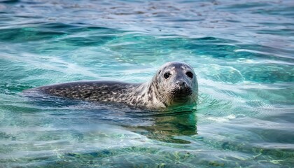 Obraz premium Majestic Grey Seal Basking in CrystalClear Waters off the Dramatic Cliffs of Cornwalls Stunning Coastline, Showcasing a Serene Scene of Wildlife and Natural Beauty.
