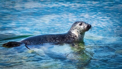 Obraz premium Elegant Grey Seal Swimming in the CrystalClear Waters of the Cornish Coast, Capturing the Serene and Wild Beauty of Englands Southwest Coastline.