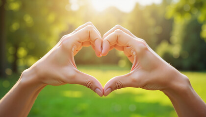 Hands forming a heart shape in sunlight at a park, symbol of love