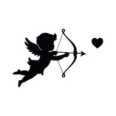 Fototapeta premium Cupid's Arrow: Silhouette of Cupid in flight, aiming his bow and arrow at a heart. A classic symbol of love and romance, perfect for Valentine's Day or romantic themed designs. 