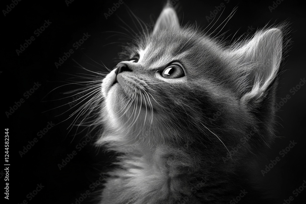 Poster charming gray kitten gazing upward in soft light highlighting its features