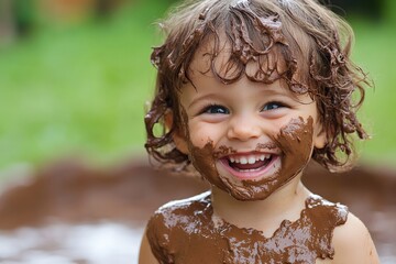 Childjoyfully playing in mud with a big smile on their face in a sunny outdoor setting