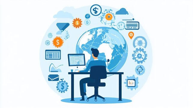 Man working at a desk with a global background; a conceptual image for global business, finances or technology
