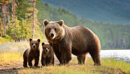 Striking Grizzly Family Moment Mother Bear and Cubs in a Misty Alaskan Forest, Captured in Late Afternoon