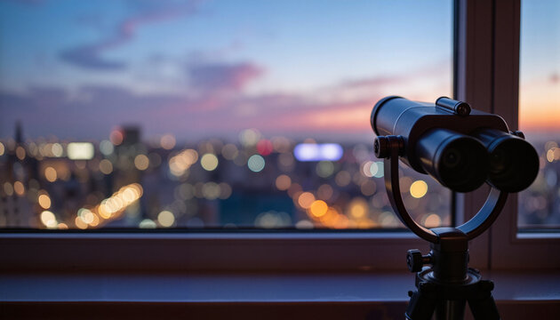 Binoculars overlooking cityscape at twilight, urban exploration