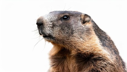 Striking Portrait of a Groundhog against a Crisp White Backdrop, Showcasing the Curious Character and Vibrant Fur Textures in High Definition.