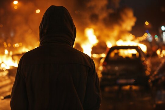 Hooded man watching burning cars in city at night