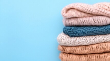Stacked knit sweaters, pastel colors, blue background, autumn fashion