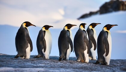 Fototapeta premium Majestic Grouping of Adult Emperor Penguins Amidst the Frozen Majesty of Snow Hill Island in the Antarctic Peninsula, Capturing the Unrivaled Beauty and Tranquility of an Icy Wilderness