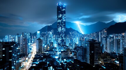 Obraz premium Long exposure of lightning forks over a dimly lit city, power outages visible as blacked-out sections among glowing windows, stormy skyline concept