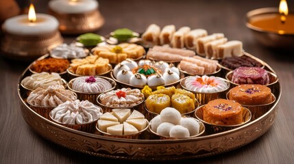 Luxurious Bhai Dooj puja thali with gleaming metallic finish, vibrant tika, artistic diya, and an assortment of traditional sweets and decor