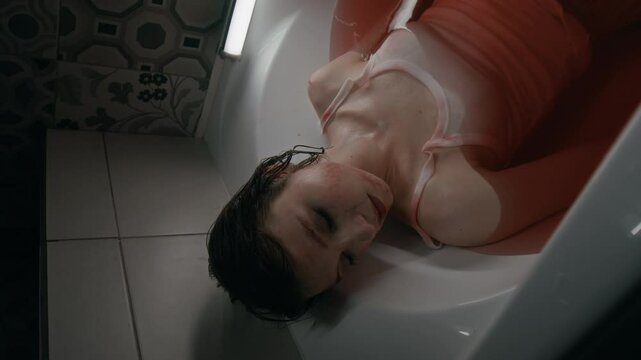 Miserable young woman with smeared mascara losing consciousness while lying in bathtub filled with bloody water after suicidal self-injury