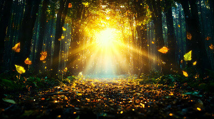 Fototapeta premium Sunlit autumn forest path, leaves falling, magical scene, nature background