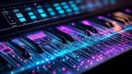 Fototapeta premium Luxury digital piano with integrated AR visuals for touch control feedback, multi-sound modes, and seamless connections in a modern music lab