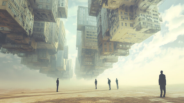 People standing on a plain with buildings hanging above them inversely, creating a surreal and thought-provoking atmosphere, indicating alternative realities. Inverted Reality. Illustration