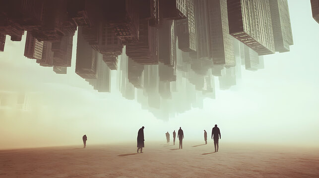 People standing on a plain with buildings hanging above them inversely, creating a surreal and thought-provoking atmosphere, indicating alternative realities. Inverted Reality. Illustration