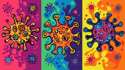 Fototapeta premium Close-up set of coronavirus minimal vector designs in pop art style, featuring vibrant colors and bold outlines on a solid neon background