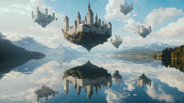 Reflective lake mirroring sky filled with floating upside-down castles. Inverted Reality. Illustration