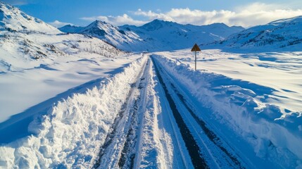 Drone footage view of an isolated mountain pass completely covered by a fresh avalanche, icy blue hues, high detail