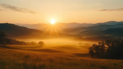 Fototapete Sunrise over hills, close-up of golden sun rising over rolling hills, peaceful landscape © Nawarit