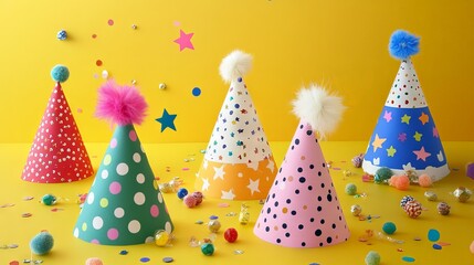 Colorful party hats celebrating a festive birthday occasion