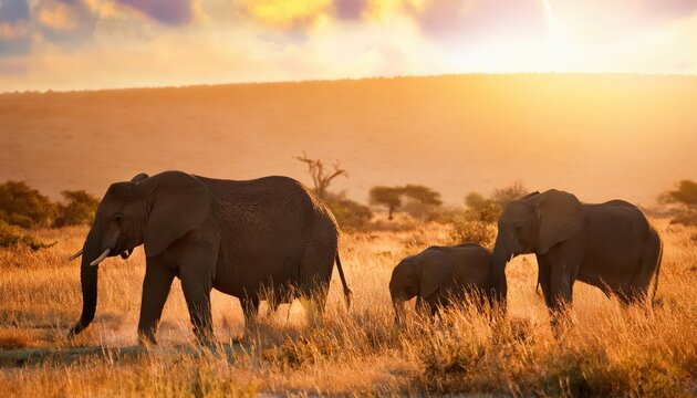 Fototapeta Aweinspiring Herd of Elephants in Savannah Steppe at Dusk, Capturing the Majesty and Power of an African Elephant Family under Striking Light