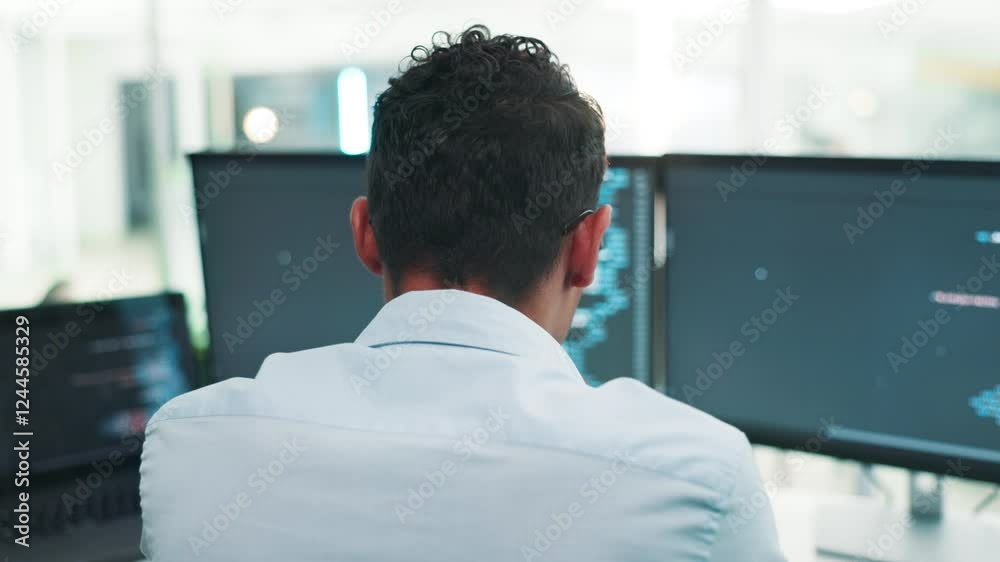Aufkleber Man, software developer and coding with computer screen for app development, programming or web design at office. Back view, male person or programmer with display for HTML, UX or AI at workplace