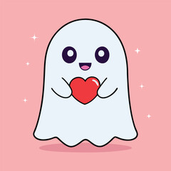 Cute Ghost With Love Heart Cartoon Vector Icon Illustration People Holiday Icon