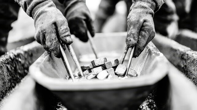 Historical close-up of gold rush workers constructing a sluice box, intense teamwork, period-accurate tools in a monochrome setting