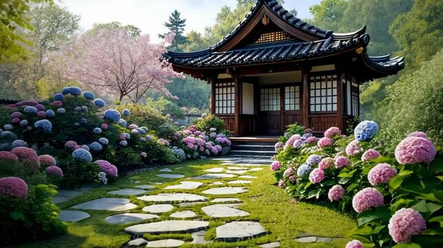 A serene garden path, lined with vibrant hydrangeas, leads to a traditional building under blooming trees.