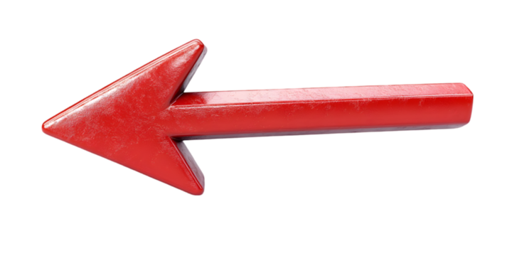 Glossy Red Left Arrow Sign with Modern 3D Effect and Reflective Surface on White Background