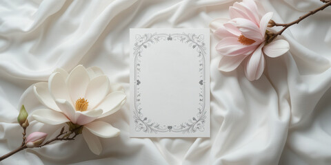 Elegant magnolia flowers beside a blank card on soft white silk fabric backdrop for invitations or announcements. Vintage classic style. Banner size
