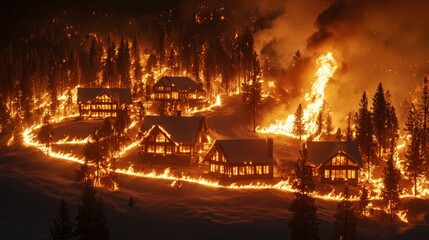 Intense view of fire consuming a forest edge, embers flying as homes sit precariously nearby, smoke spiraling ominously