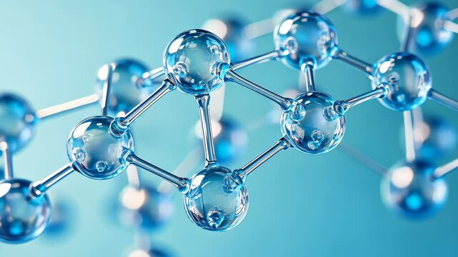 Dynamic molecular structure: closeup of transparent molecules in motion on blue background