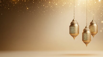 elegant gold ramadan lanterns with sparkling stars background, with copy space for text