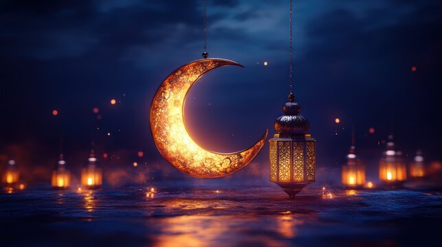 glowing arabic lantern with ornate crescent moon reflection