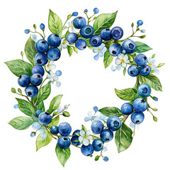 Obraz premium Blueberry Wreath with Green Leaves and White Flowers in watercolor style on a white background for art and craft projects.