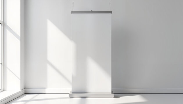 Blank vertical banner on white wall with natural light