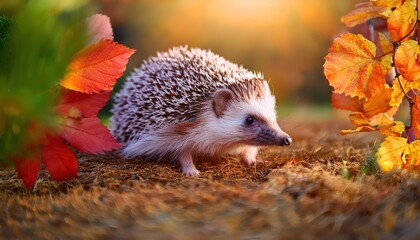Fototapeta premium Enchanting Autumn Hedgehog Amidst a GoldenOrange Leaf Canopy, Beneath a Gloaming Sky, Capturing the Essence of Natures Warmth and Tranquility.