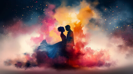 A bride and groom are sharing a romantic kiss surrounded by an enchanting and ethereal cloud of smoke drifting around them. Romantic atmosphere in bright and dark colors