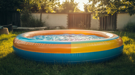 Inflatable swimming pool filled with clear blue water standing in a sunlit backyard surrounded by lush green trees during summer