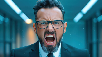 A middleaged businessman in an office, his face contorted in anger, as he expresses frustration over work issues.