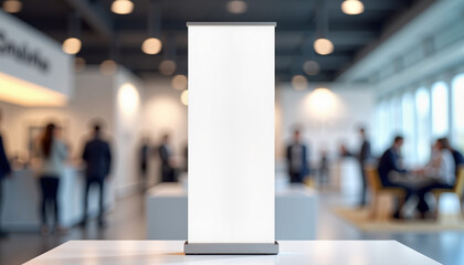 Blank vertical banner on table in modern conference room