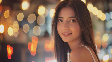 Obraz premium A joyful woman examines a glowing forex chart, embodying the spirit of finance and creativity in her work.