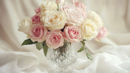 Elegant bouquet of fresh ivory and blush pink roses in full bloom, artistically arranged in a soft-focus outdoor setting under natural light
