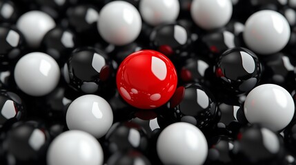 Red Sphere at the Heart: Unity Among Diverse Black and White Spheres, Symbolizing Collaborative Elegance. Generative AI